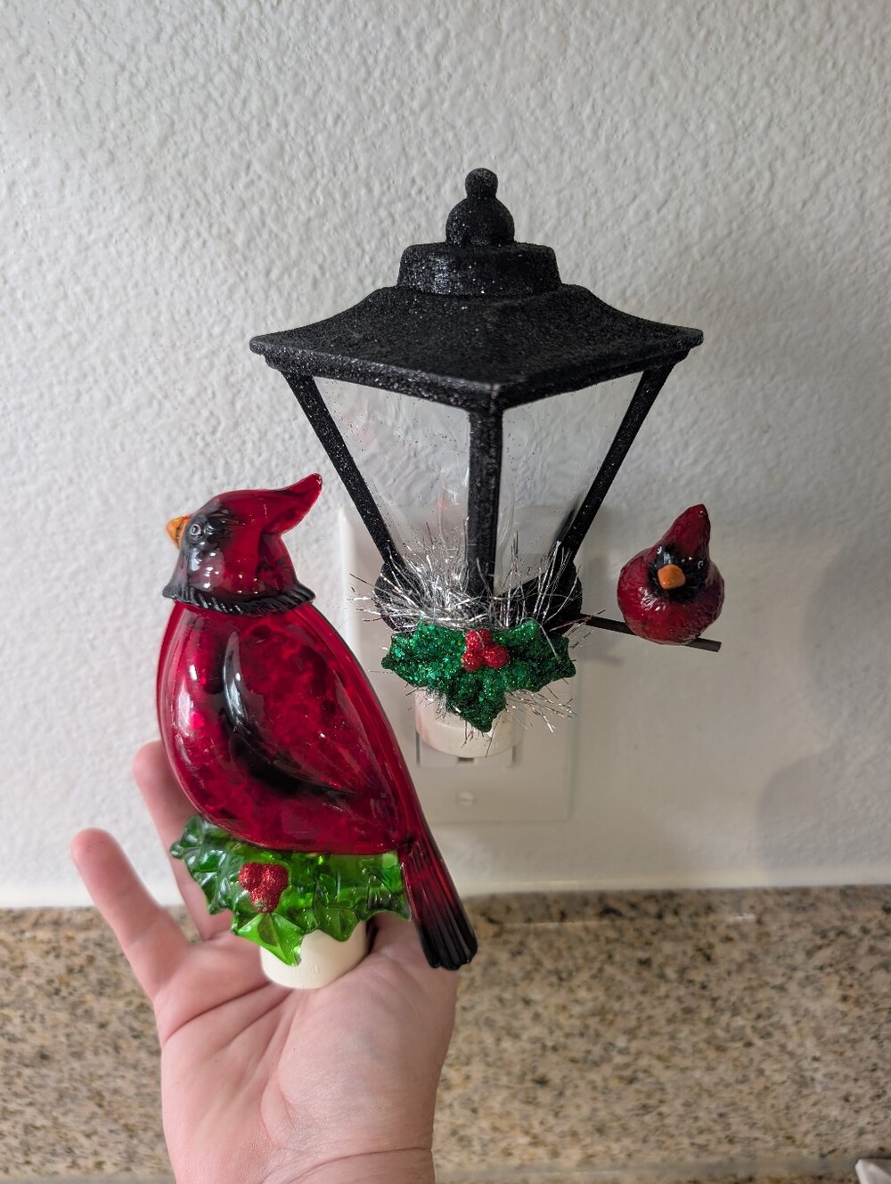 2-Christmas Acrylic Holiday Night Lights 5.5” Cardinal Holly & Street Lamp